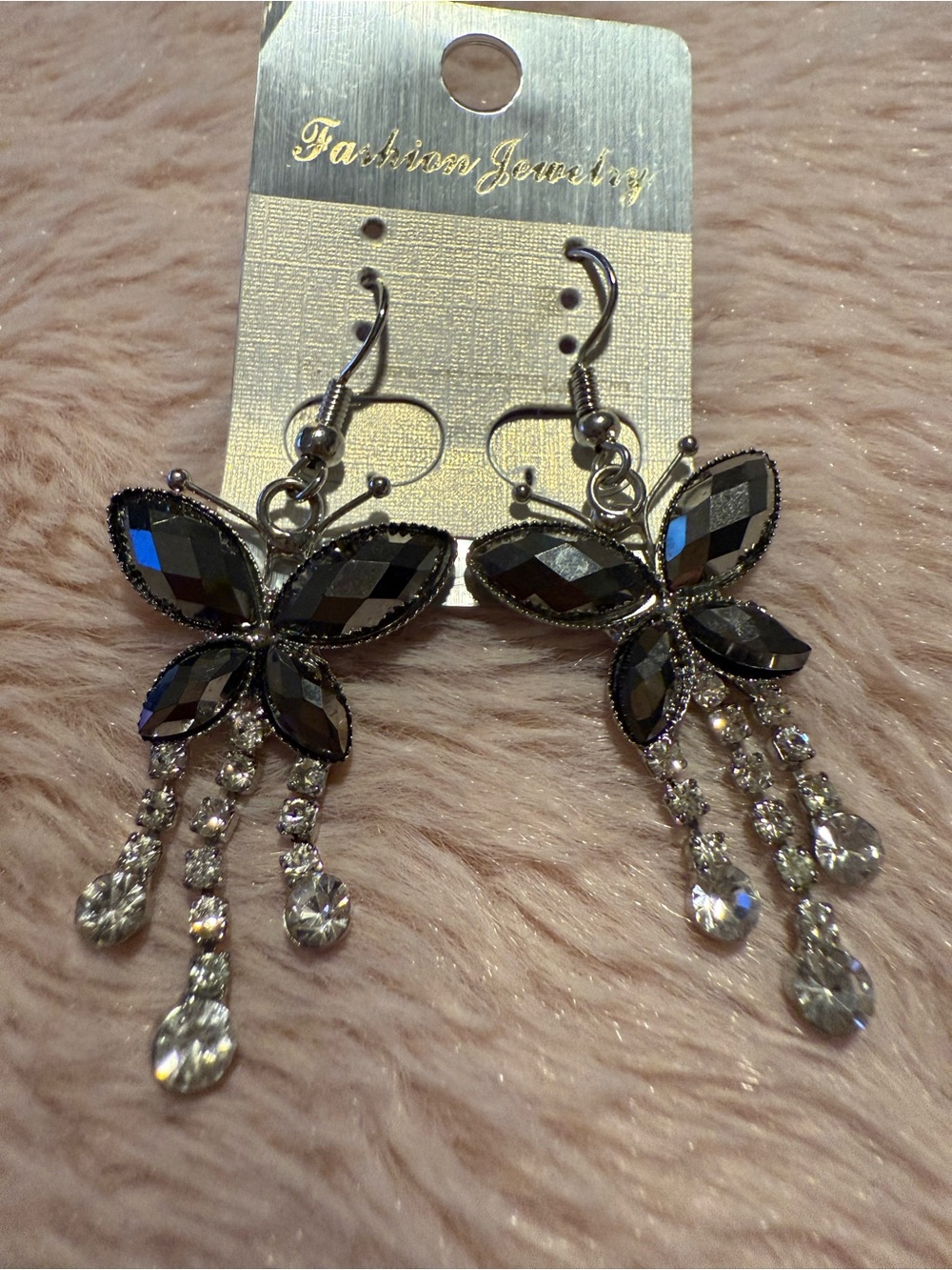 Fashion Jewelry Black Crystal Butterfly Dangle Earrings